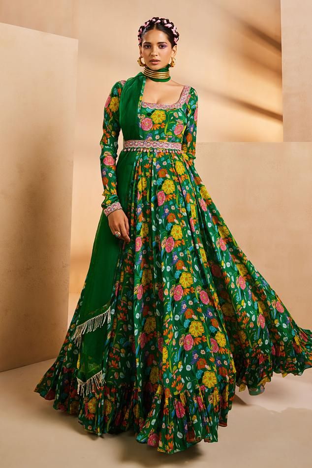 Green anarkali featuring floral hand-painted print and embroidered neckline. Paired with a sheer dupatta and an embroidered belt., Fit: Relaxed Green Anarkali Dress, Party Wear Punjabi Suits, Punjabi Suits Online Shopping, Churidar Sleeves, Sheer Dupatta, Anarkali With Dupatta, Green Anarkali, Suits Usa, Punjabi Suit Boutique