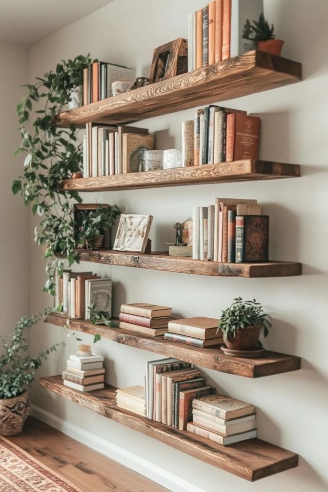 three wooden shelves with books and plants on them next to a wall mounted planter