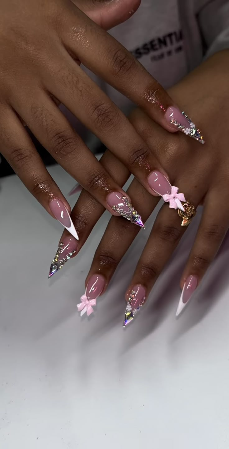 Birthdays Nails Acrylic, Nail Ideas Acrylic Pink And White, Spring Nails Long Acrylic, Grown Women Nails, Stalitoes Nails Design, Stiletto Nails Birthday, Junk Stiletto Nails, Birthday Nail Set Ideas January, Birthday Almond Nails Designs