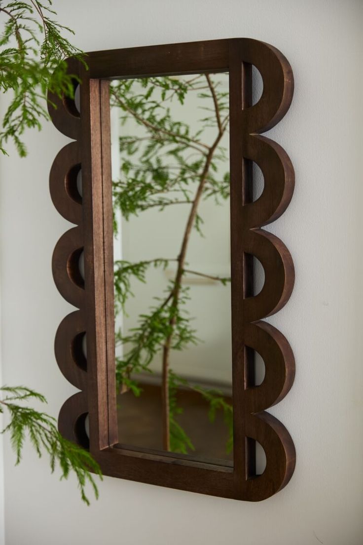 a mirror mounted to the side of a wall next to a green plant in a vase