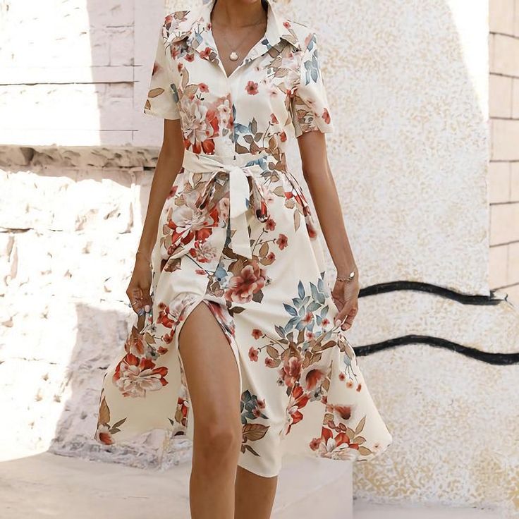 Stay Stylish and Comfortable Step into elegance with our High Quality Summer Waistband Dress, a perfect blend of style and comfort for the modern woman. This hot-selling dress features a sophisticated single-breasted button design, short sleeves, and a chic lapel collar, making it an ideal choice for any occasion. The beautiful floral print adds a touch of femininity, while the A-line silhouette flatters your figure effortlessly. Product Features Our Summer Waistband Dress is crafted from high-q Formal Floral Print Shirt Dress For Summer, Elegant Collared Floral Print Shirt Dress, Spring Casual Short Sleeve Dress With Collar, Casual Short Sleeve Collared Dress For Spring, Casual Collared Short Sleeve Dress For Spring, Elegant Floral Print Shirt Dress For Summer, Spring Dress With Collared Neckline For Day Out, Chic Spring Dress With Collared Neckline, Elegant Button Shirt Dress For Vacation