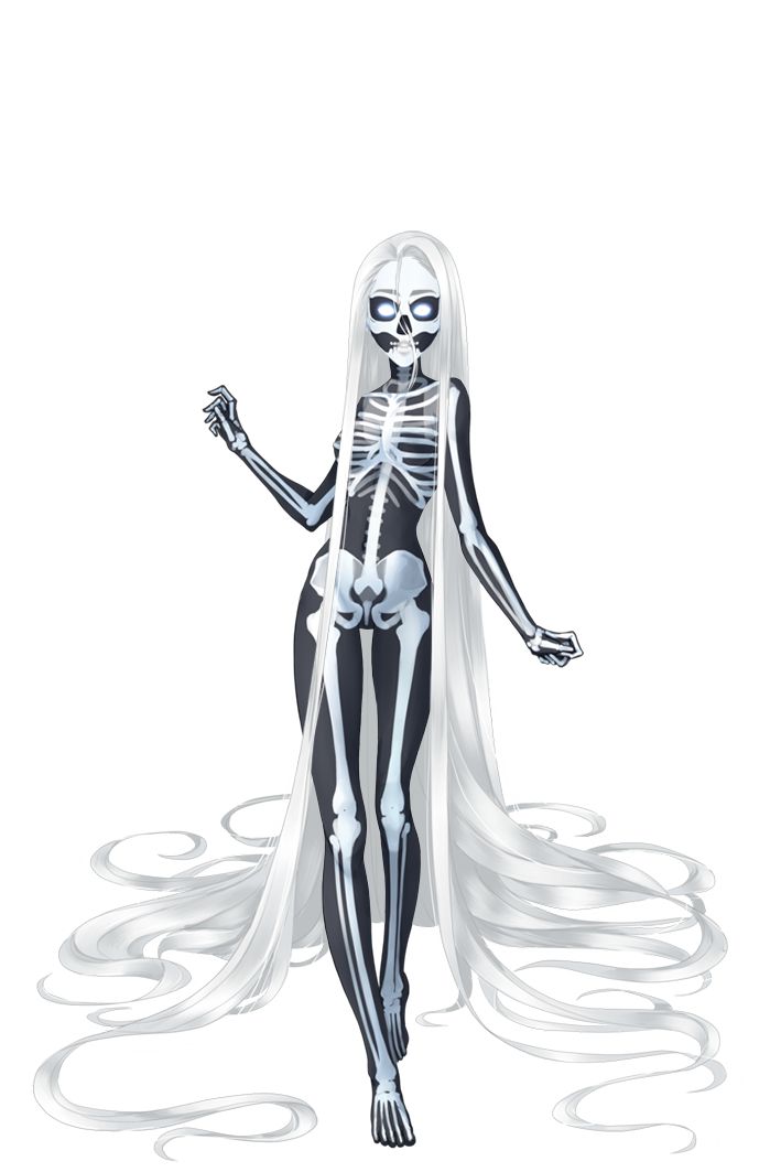 a skeleton with long white hair is standing in front of a white background and has her arms spread out