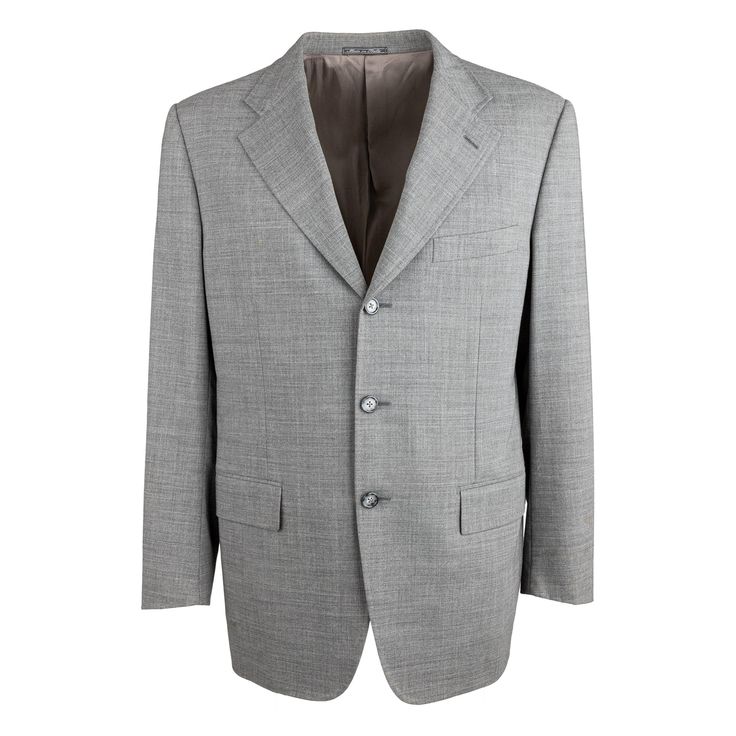 Expertly crafted from pure virgin wool, this Corneliani blazer boasts a light grey hue with a subtle melange effect. The notched lapel and three front buttons offer a sleek, sophisticated look, while the cupro lining ensures a comfortable feel. Remarks: There are some stains. Shoulder:46;Sleeve:64;Bust:56;Length:80 Elegant Gray Notch Lapel Outerwear, Gray Blazer With Pressed Crease For Office, Gray Office Blazer With Pressed Crease, Timeless Gray Wool Blazer, Gray Single Button Business Outerwear, Gray Single Button Outerwear For Business, Gray Formal Blazer With Button Closure, Formal Gray Blazer With Button Closure, Classic Gray Suit With Single Button