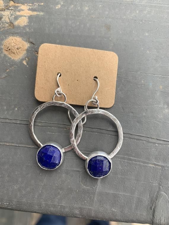 Lapis Lazuli hoop earrings set in sterling silver with ear | Etsy Nickel-free Sterling Silver Open Circle Earrings, Pierced Sterling Silver Hoop Earrings, Nickel-free Blue Small Hoop Jewelry, Sterling Silver Circle Hoop Earrings With Ear Wire, Sterling Silver Hoop Earrings With Ear Wire, Hammered Sterling Silver Jewelry, Hand Forged Blue Round Earrings, Blue Lapis Lazuli Jewelry With Ear Wire, Adjustable Sterling Silver Hoop Earrings