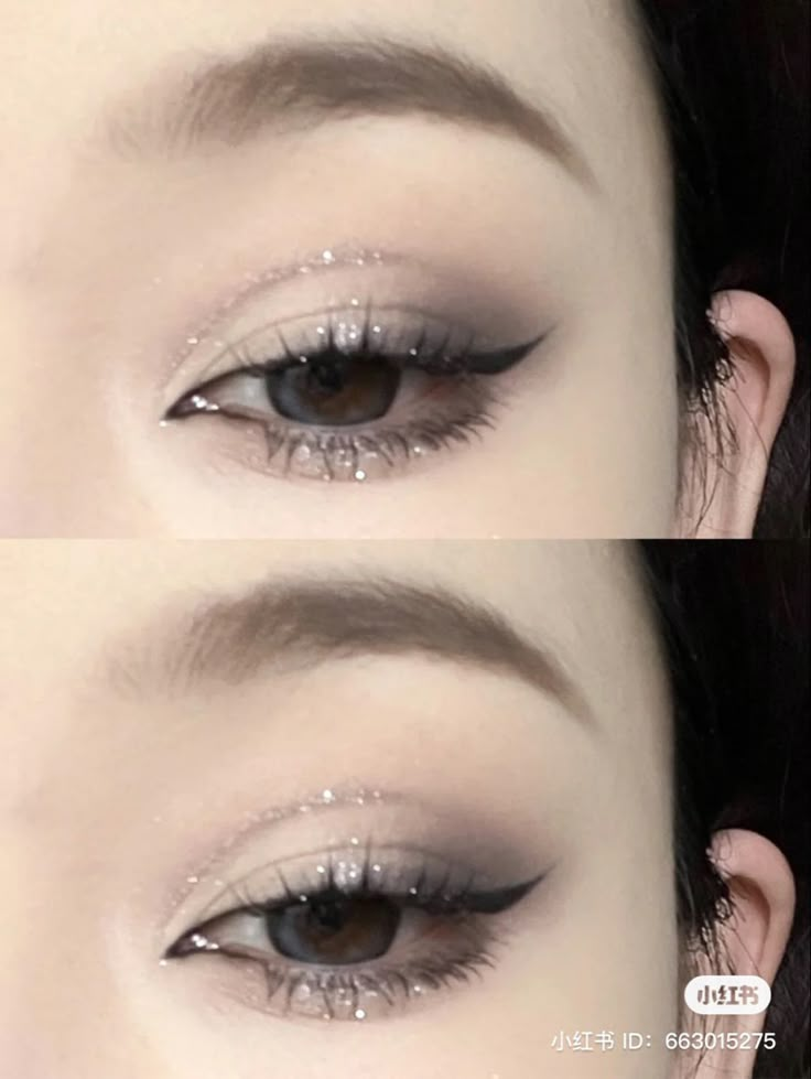 Smokey Eye On Asian Eyes, Black And White Douyin Makeup, Korean Silver Makeup, Douyin Silver Makeup, Smokey Eye Makeup Asian Eyes, Silver Makeup Looks Simple, Grey Douyin Makeup, Prom Smokey Eye Makeup, Douyin Smokey Makeup