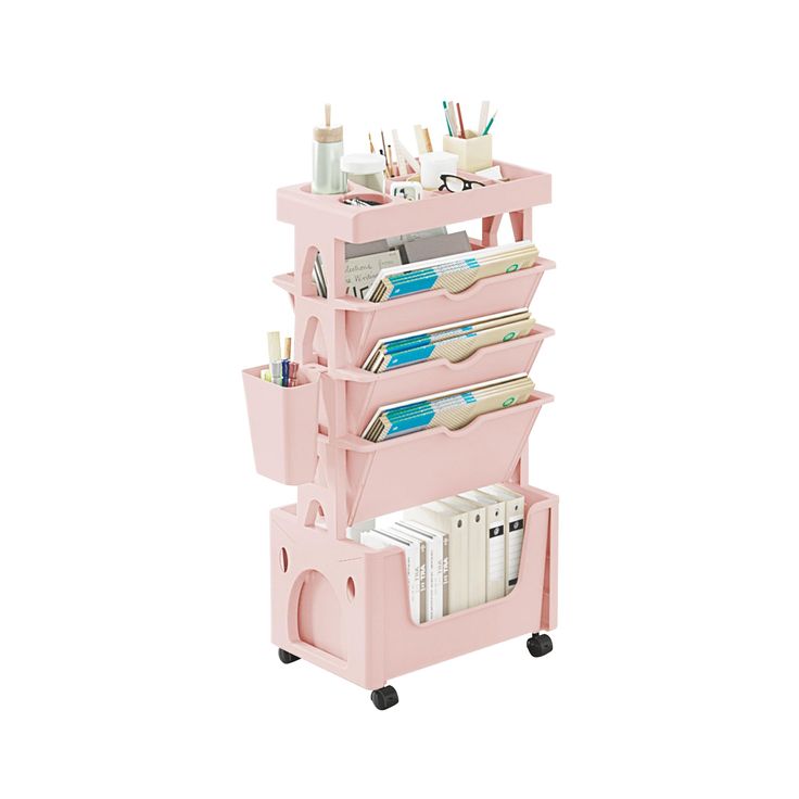 a pink cart with several bins on wheels and various items in the bottom section