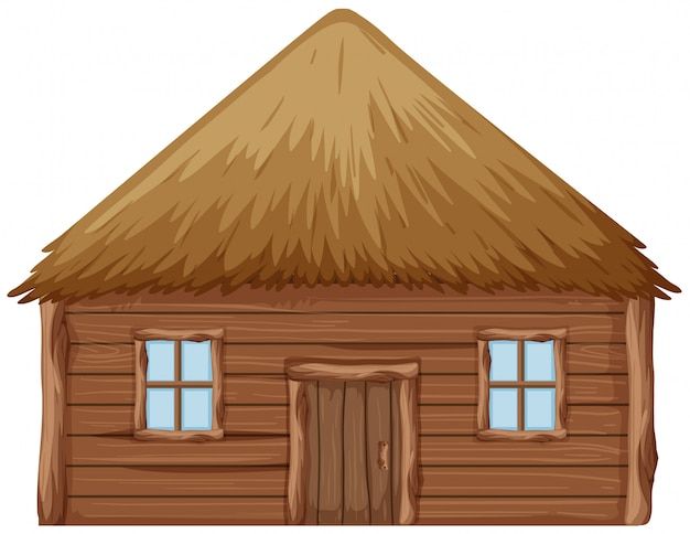 a wooden house with a thatched roof on a white background