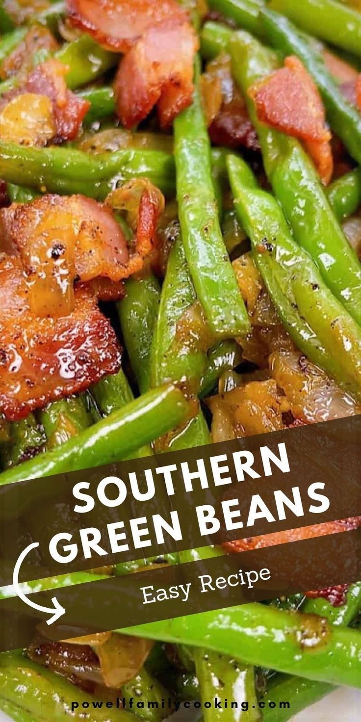 green beans and bacon are in a white bowl