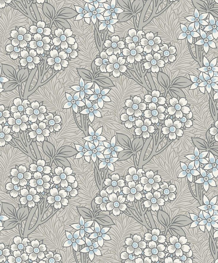 a floral pattern with blue and white flowers on a gray background, suitable for wallpaper or fabric