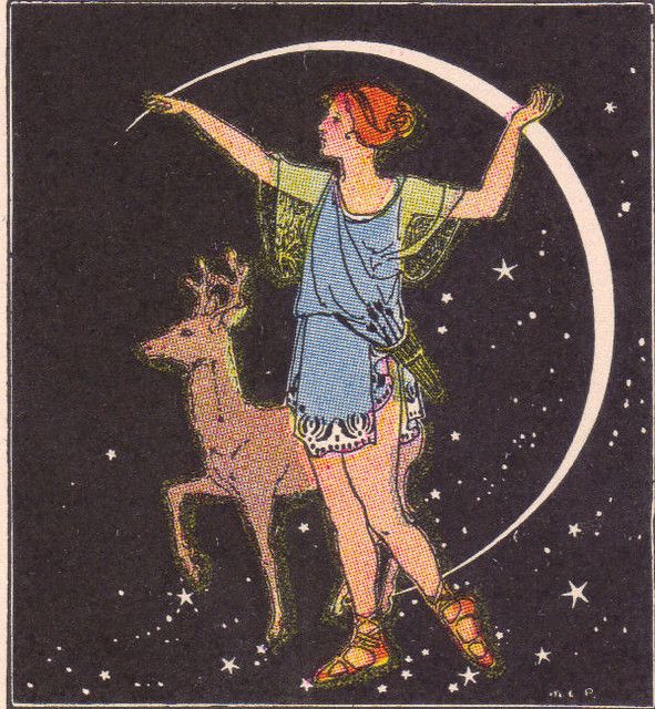 a woman standing next to a deer on top of a night sky filled with stars