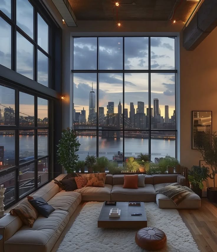 a living room filled with lots of furniture and large windows overlooking a cityscape