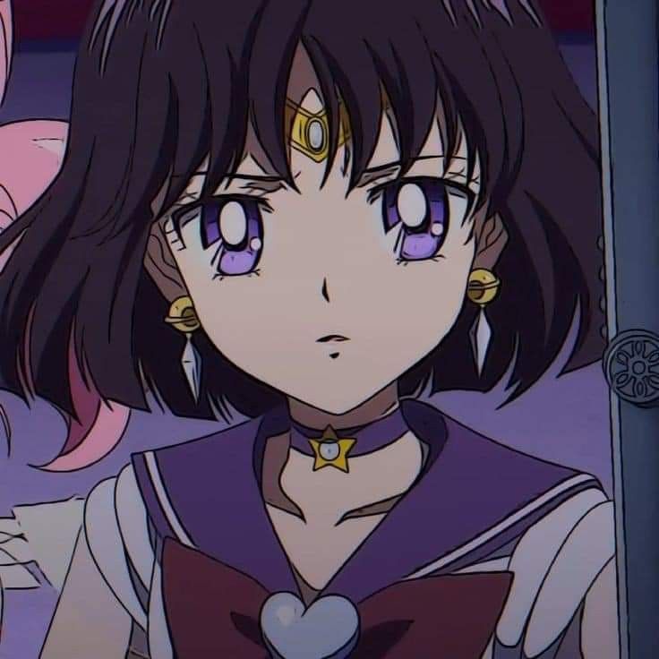 an anime character with purple eyes and long black hair, standing in front of two other characters