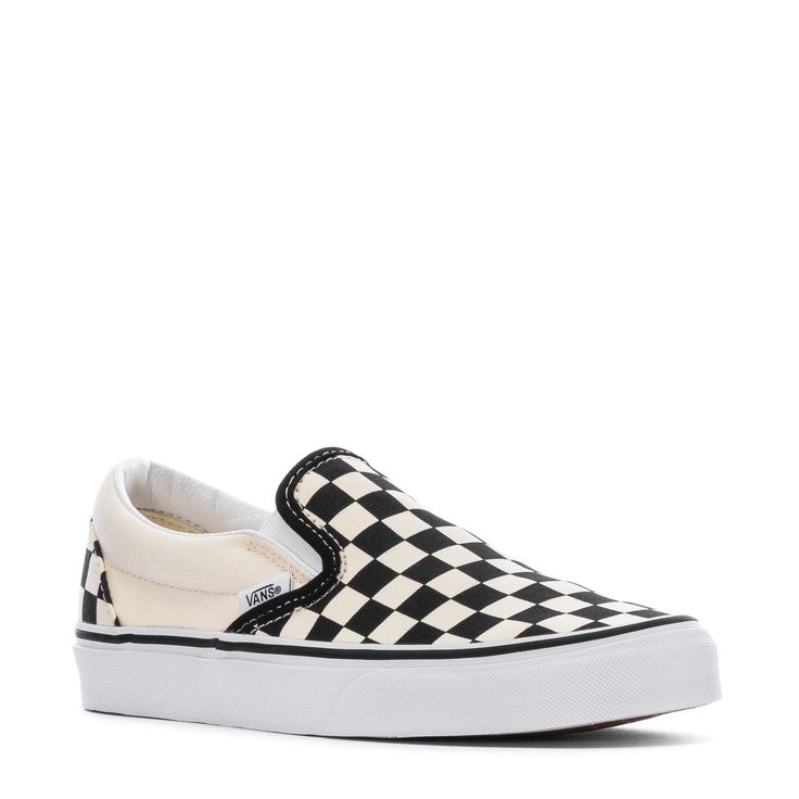 These Checkerboard Classic Slip-On Vans are giving us that total SoCal Skater vibe. These slip-on sneakers feature a low profile cut and a padded collar to keep you walking comfortably throughout the day. Dress these down and take them to the beach or dress them up with your best button-up shirt. Durable canvas upper. Black slip-on with black checkerboard print upper. Slip-on style with elastic side accents. Padded collar for all-day wearability. Signature rubber waffle outsole. White Vulcanized Sole Slip-ons For Streetwear, White Slip-on Sneakers With Rubber Waffle Outsoles, Casual White Slip-ons For Streetwear, Casual Slip-on Sneakers With Vulcanized Sole For Skateboarding, Vans White Slip-on Sneakers With Rubber Sole, White Slip-on Sneakers With Vulcanized Sole For Streetwear, Casual Slip-ons With Rubber Waffle Outsoles For Streetwear, Sporty Slip-ons With White Sole For Streetwear, Casual High-top Slip-ons For Streetwear