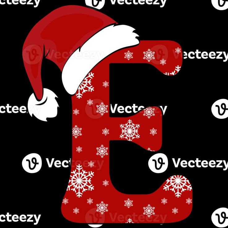 the letter e is decorated with snowflakes and santa's hat on it