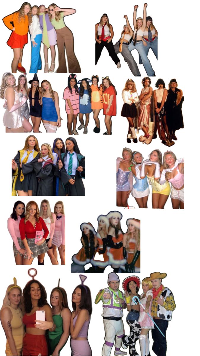 many different pictures of people dressed up in costumes and posing for the same photo together