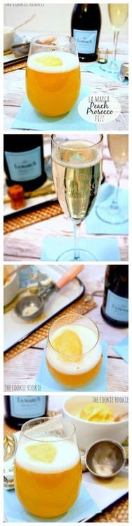 three different shots of wine and orange juice in glasses on a table with plates, spoons and utensils