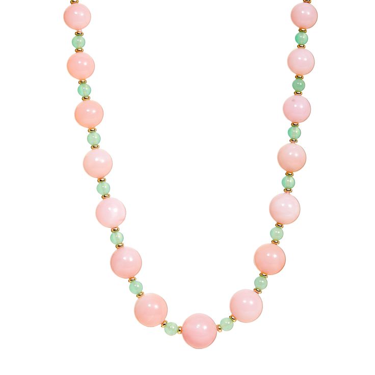 18 karat yellow gold Pink Opal 195 carats approx. Chrysoprase 25 carats approx. Length 23 inches 18k gold Roundels Circle Clasp with Diamonds Strung on Silk Luxury Pink Gemstone Beads Jewelry, Hand-strung Chrysoprase Jewelry Gift, Fine Jewelry Round Polished Beads Necklace, Fine Jewelry Necklaces With Polished Beads, Elegant Jade Necklaces With Round Beads, Formal Fine Jewelry Jade Necklace, Elegant Hand-strung Jade Necklace, Chalcedony Gemstone Necklace With Round Beads, Jade Gemstone Beaded Necklace With Round Beads