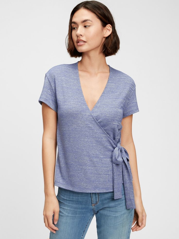 Softspun Wrap-Front Top | Gap Factory V-neck Tops With Drawstring Tie For Spring, Casual Tied Top For Spring, Casual Knit Top For Brunch, Casual Cotton Tops With Drawstring Tie, Casual Fitted Wrap Top With Tie Waist, Casual Tops With Side Ties For Spring, Casual Spring Tops With Side Ties, Trendy Knit Wrap Top, Casual Cotton Top With Tie Waist