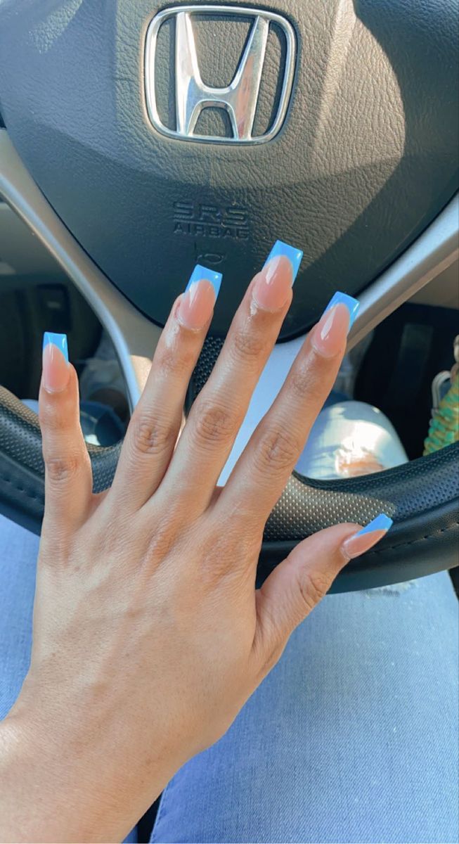 Acrylic Nail Blue, Lotus Nails, Teal Acrylic Nails, Blue French Tip Nails, Blue French Tip, Acrylic Nail Designs Coffin, Blue French Tips, Blue Acrylic Nails, Nail Blue