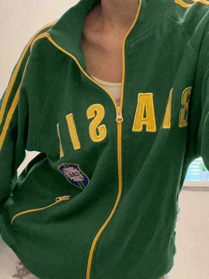 ⚡Buy 2023 Contrast Color Letter Embroidery Sweatshirt Green S under $42.00 in Hoodies at AnotherChill.com Online. Style: Casual/Street/Vintage. Fabric Content: Polyester. Fit Type: Loose Fit. Neckline: Lapel. Sleeve Length: Long Sleeve. - Vibrant Color: The mango yellow color and vintage green of the sweatshirt is bright and eye-catching, making it a standout piece in any wardrobe.. - Retro Charm: The Brazil letter embroidery and vintage design exude a classic and timeless appeal, perfect for th Green Varsity Long Sleeve Sweatshirt, Varsity Tops With Embroidered Logo For Fall, Green Outerwear With Graphic Print, Casual Outerwear With Letter Embroidery, Collegiate Style Long Sleeve Spring Sweatshirt, Varsity Long Sleeve Top With Letter Embroidery, Casual Outerwear With Letter Embroidery And Crew Neck, Green Sporty Sweatshirt With Embroidered Graphics, Casual Outerwear With Letter Embroidery Crew Neck