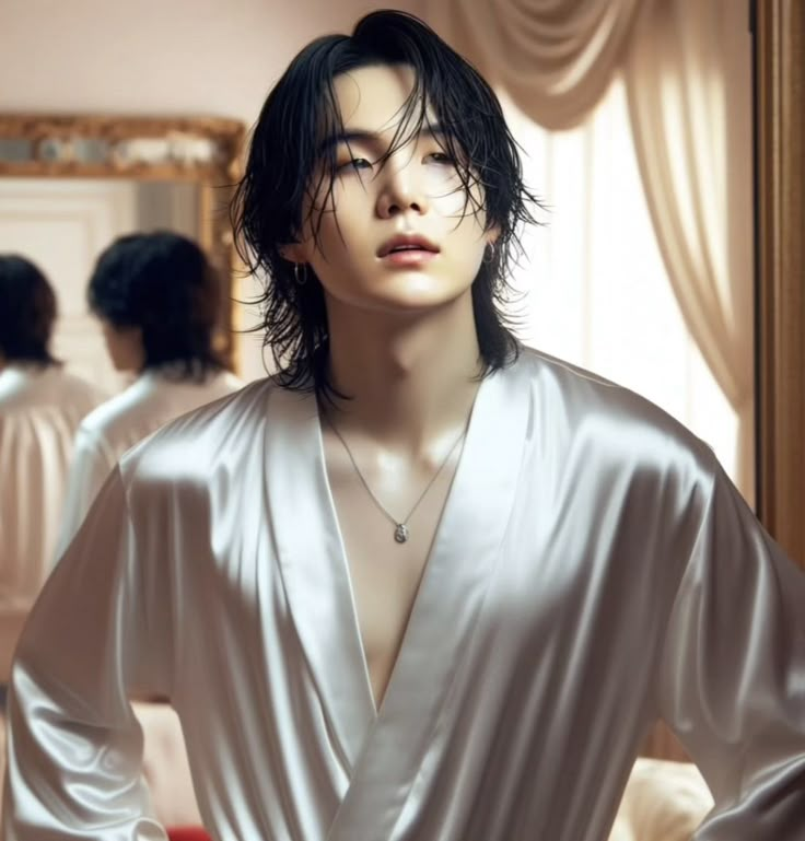 a man with long black hair standing in front of a mirror wearing a silver shirt