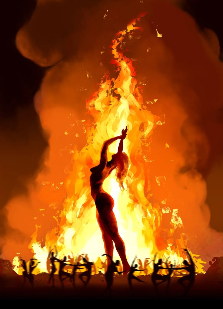 a woman standing in front of a fire with her arms up and legs spread out