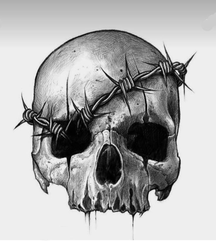 a black and white drawing of a skull with barbed wire on it's head