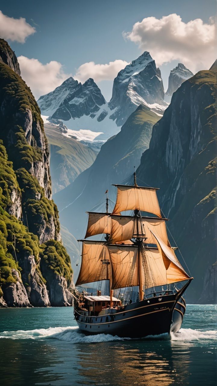 a boat sailing in the water near mountains