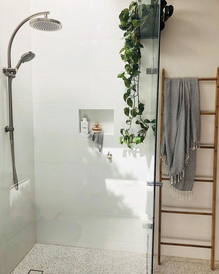 a bathroom with a shower head, towel rack and plants in the bathtub next to it