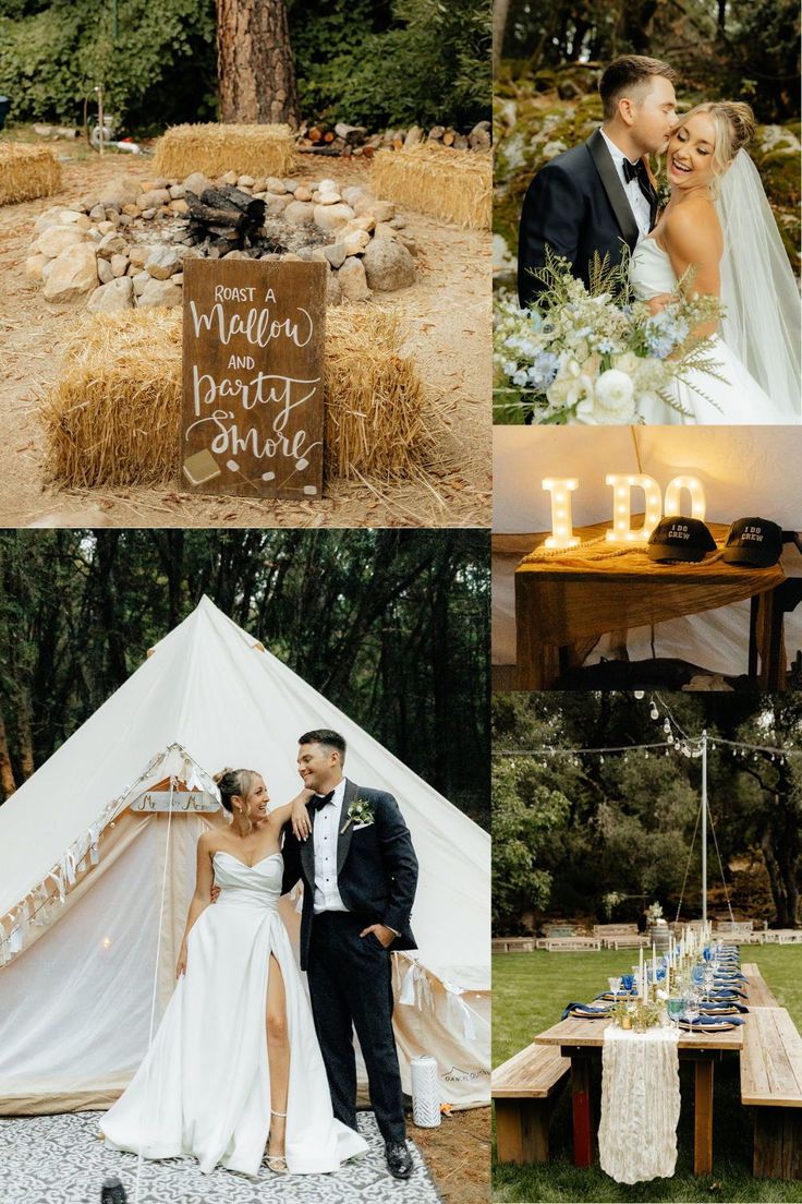 a couple standing next to each other in front of a white tent with candles on it