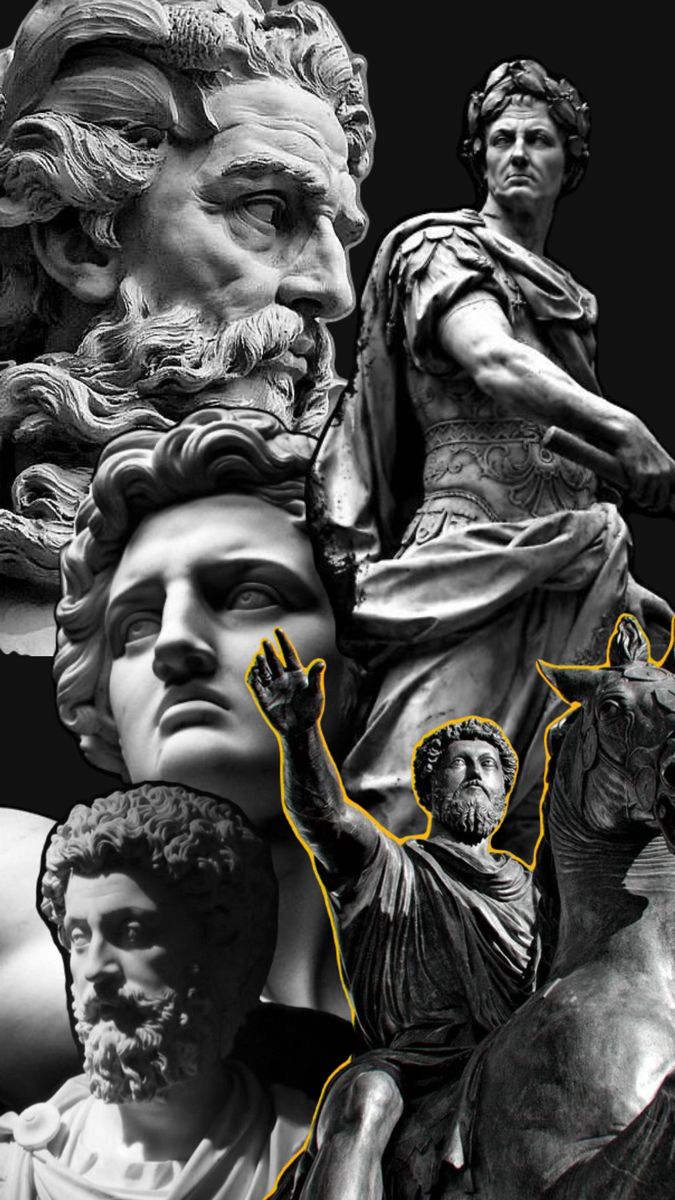 black and white collage of statues with yellow highlights on them, including the statue of abraham lincoln