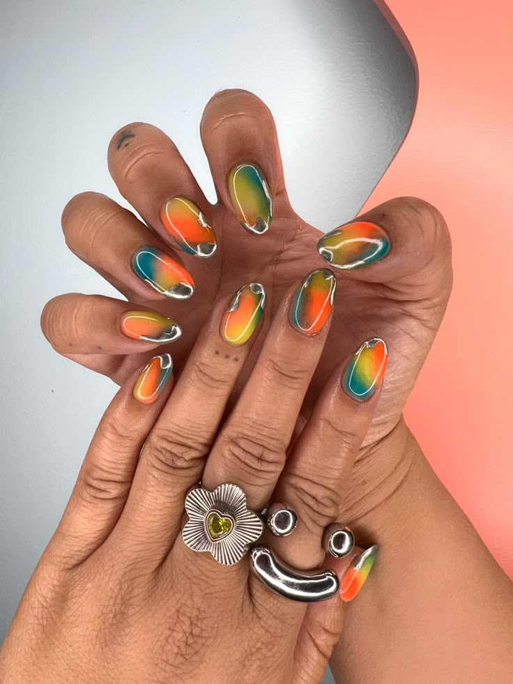 Funky Nail Art Trendy Summer, Easy Funky Nails, Boomtown Nails, Eclectic Nail Art, Rave Nails Festivals, Indie Nail Designs, Eccentric Nails, Rainbow Nails Acrylic, Eclectic Nails