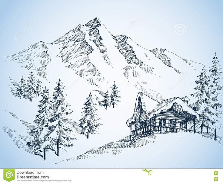 a drawing of a house in the mountains with snow on it's roof and trees