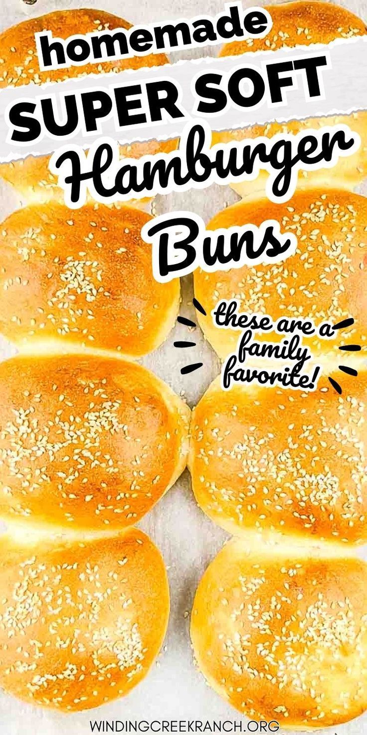 homemade soft hamburger buns with sesame seeds on top and text overlay reading homemade super soft hamburger buns