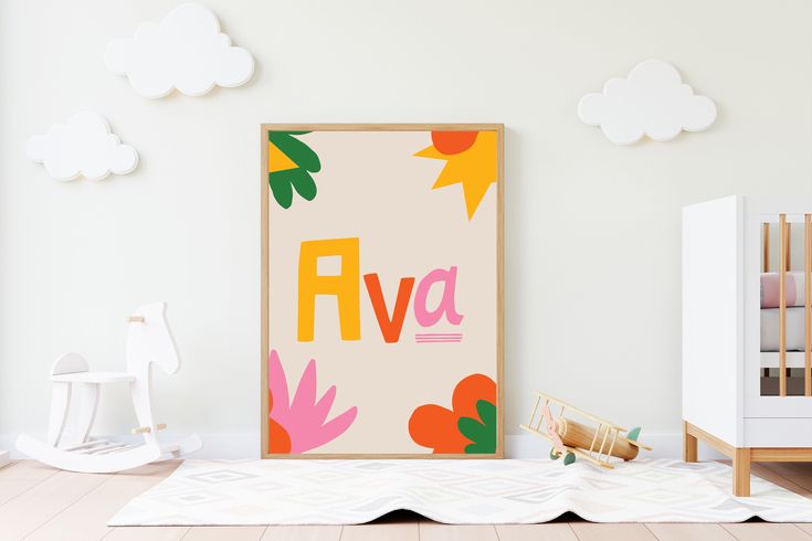 a baby's room with white walls and wooden furniture