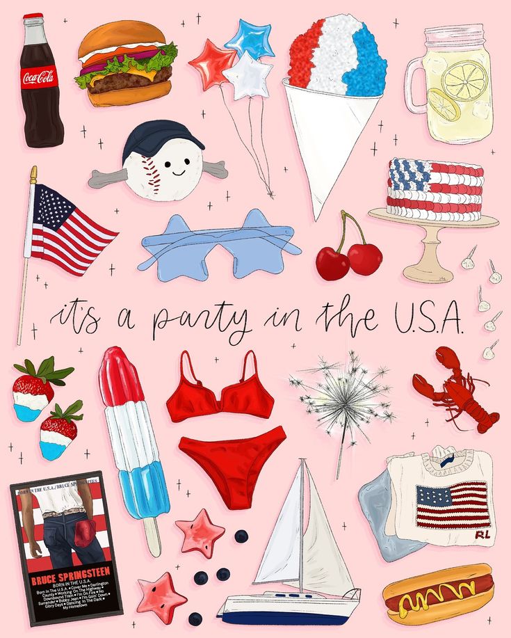 it's a party in the usa poster with various items on pink background, including an american flag