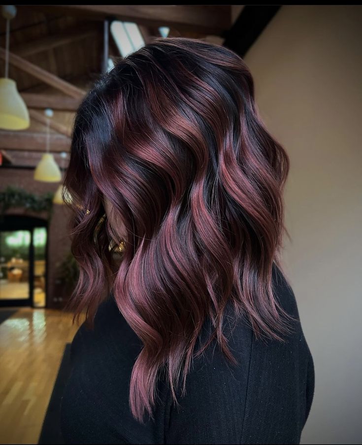 Black Roots With Burgundy Hair, Burgundy Hair With Root Smudge, Half Head Color Hair, Maroon Peak A Boo Hair, Dark Plum Balayage, Fall Balayage Brunette Red, Caramel And Red Highlights On Dark Hair, Plum Hair With Highlights, Cherry Coke Balayage