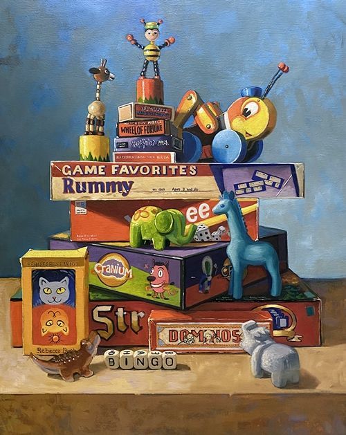 a painting of some toys on top of each other