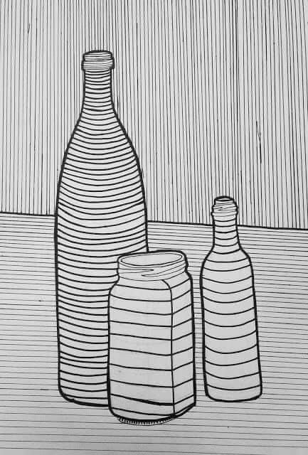 a black and white drawing of two bottles next to each other on a wooden table