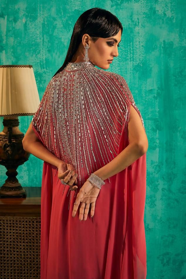 Hot pink georgette cape featuring intricate silver crystal and bead embellishments with asymmetric sleeves. Paired with an embellished kurta and sharara., Fit: Relaxed Cape Sharara, Kurta And Sharara, Beaded Neckline, Sharara Set, Women Kurta, Silver Crystal, Crystal Embellishment, Pink Crystal, Set Women