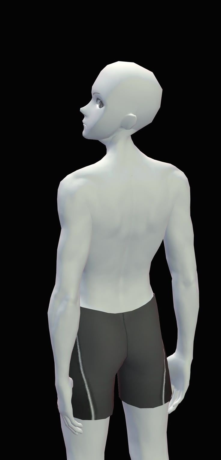 a white male mannequin standing in front of a black background with no shirt on