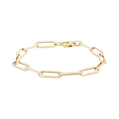 Modern and on-trend, this paperclip-style chain bracelet is a shining testament to contemporary fashion. Expertly crafted in luxurious 14-karat yellow gold and measuring a perfect seven inches in length, it offers an ideal fit for a variety of wrists. Gold-tone Paperclip Bracelet With Rectangular Links, Gold Chain Link Paperclip Bracelet, Modern Gold Bracelet With Box Chain, Luxury Bracelets With Paperclip Chain, Luxury Paperclip Chain Bracelet, Modern Gold Chain Bracelet With Paperclip Chain, 14k Gold Link Paperclip Bracelet, Luxury Yellow Gold Paperclip Chain Link Bracelet, Gold Paperclip Box Chain Bracelet