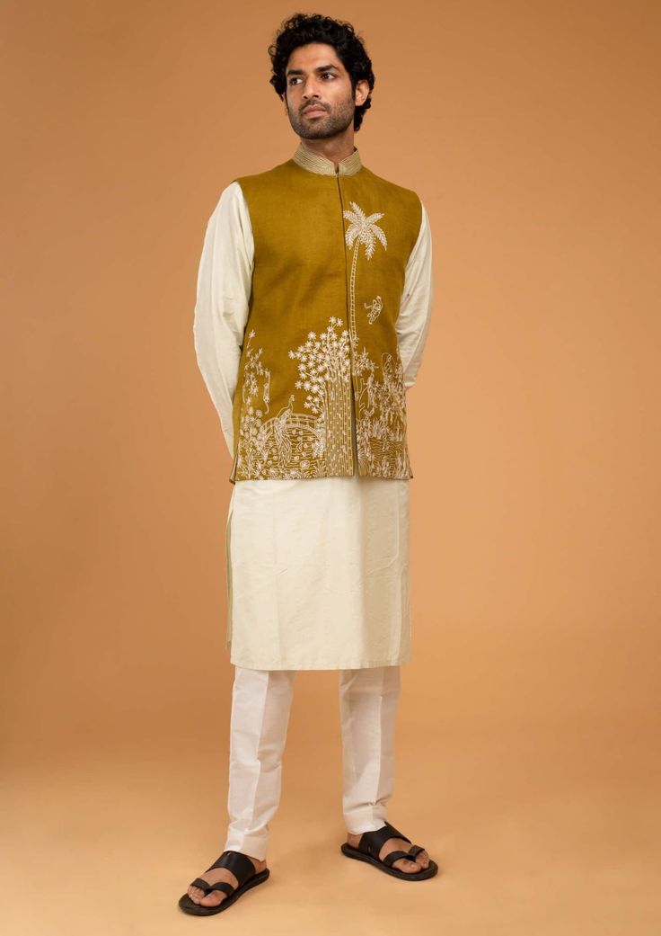 Chatenya Mittal-Mehendi Green Nehru Jacket And Kurta Set-INDIASPOPUP.COM Kurta And Pants, Blouse Yoke, Kurta Cotton, Personal Shopping Service, Nehru Jacket, Linen Color, Nehru Jackets, Irish Linen, Silk Jacket