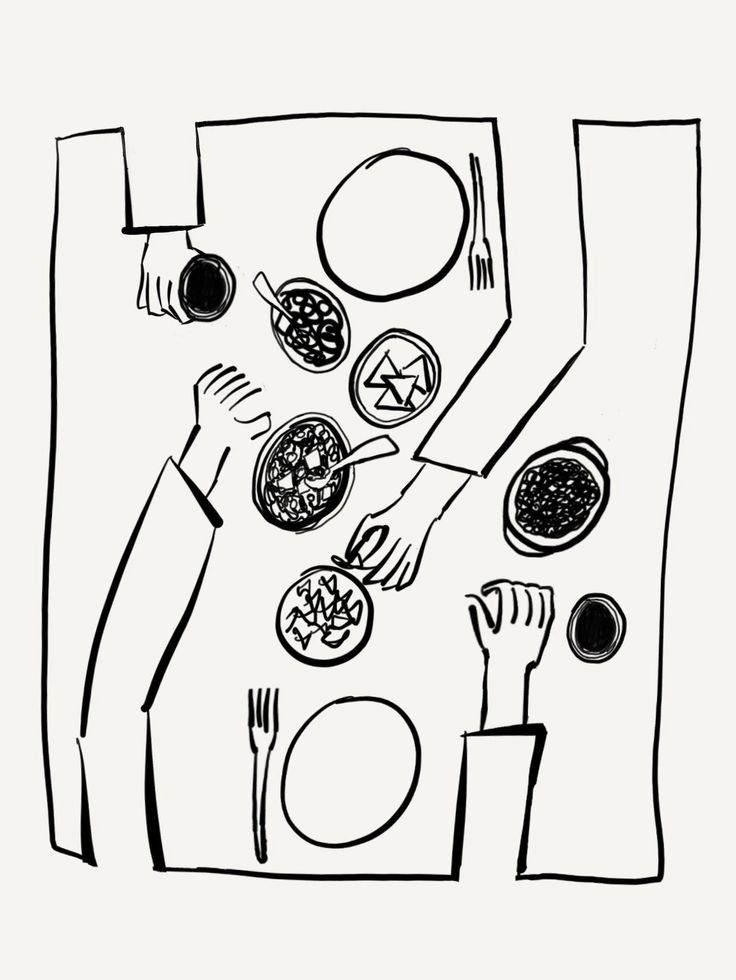 a black and white drawing of people eating at a table with food in front of them