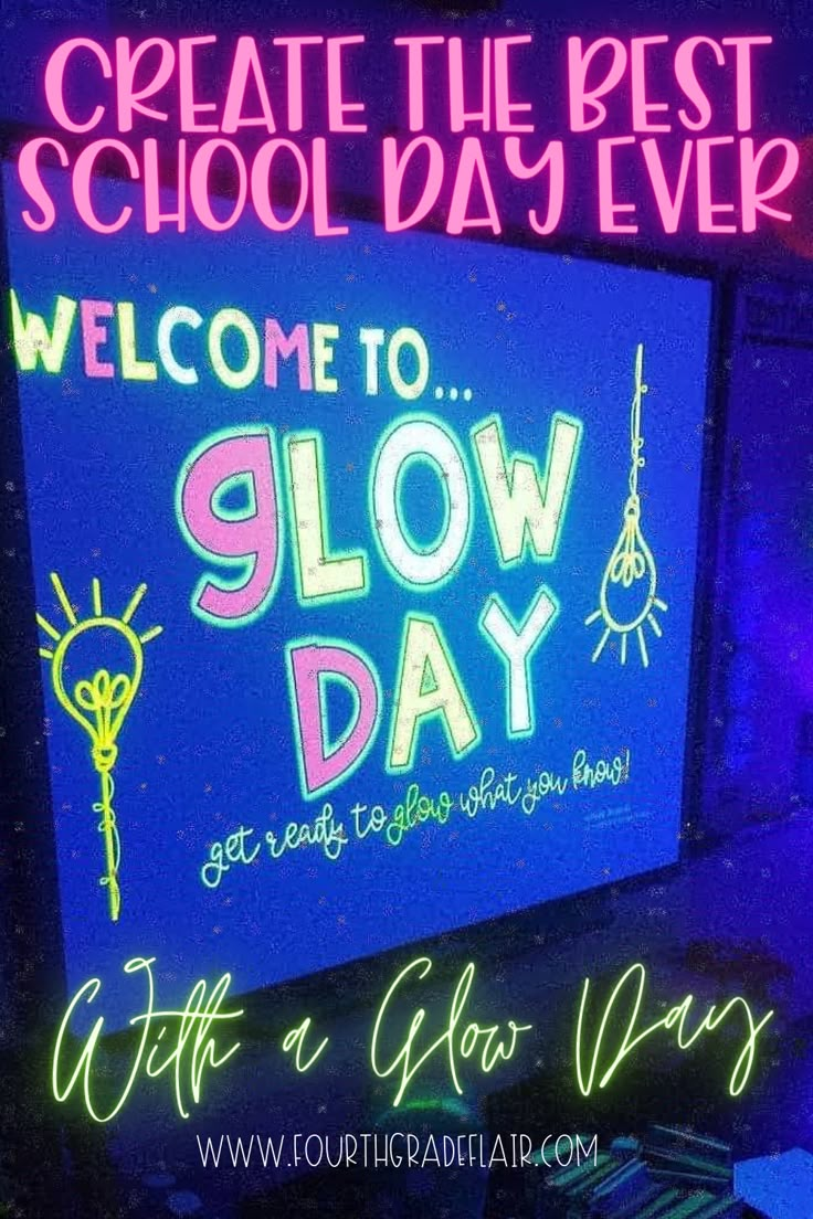 a neon sign that reads welcome to glow day with a blue background and purple lettering