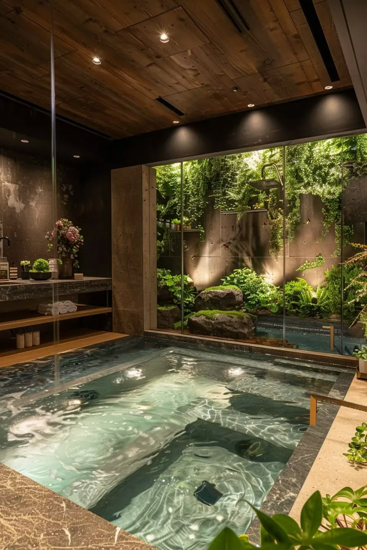 an indoor swimming pool in the middle of a room with glass walls and plants around it