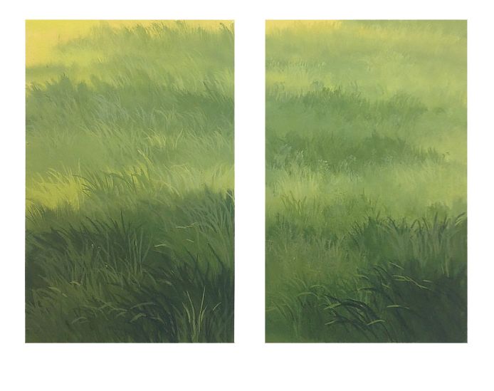 two paintings with grass in the foreground