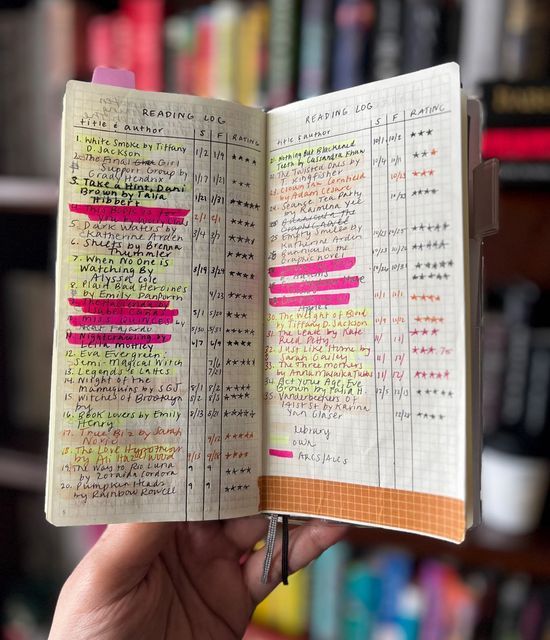 an open book with writing on it in front of a bookshelf full of books