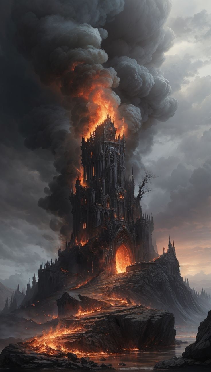 a large castle on top of a mountain covered in fire