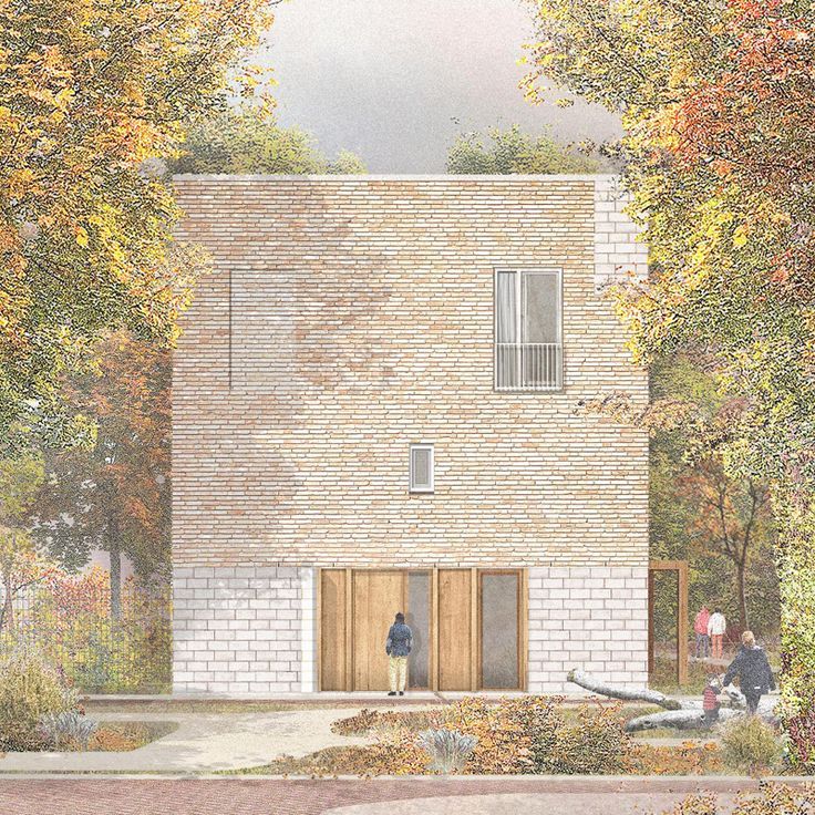 an artist's rendering of a brick house with two people standing outside the door